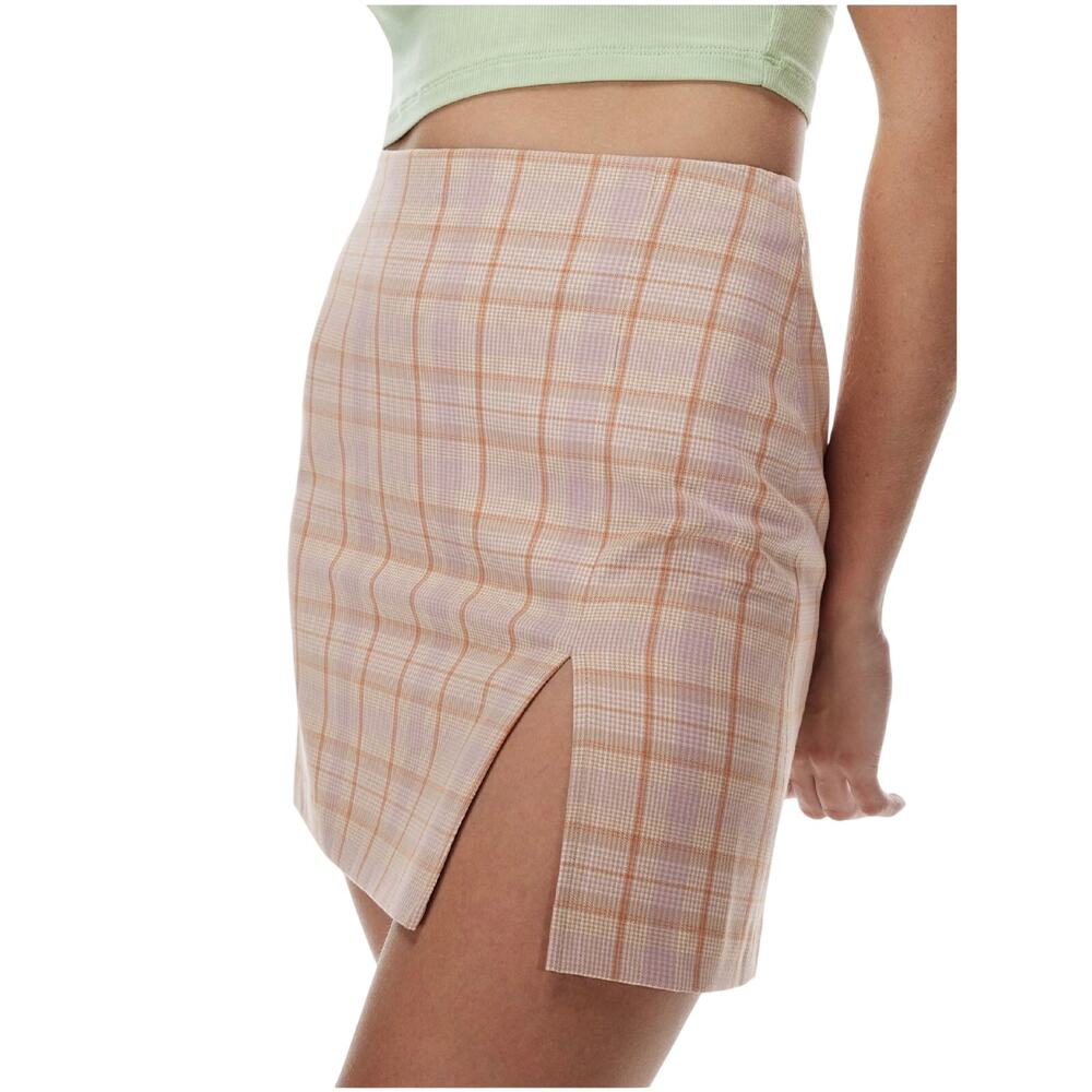 Aritzia Sunday Best Tatiana Skirt Size 12 Peach Orange Plaid Slit Mini